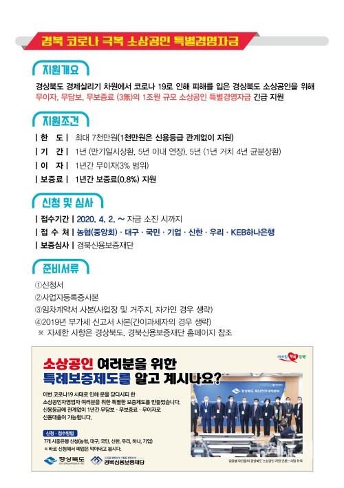 경북도, 코로나19 극복 소상공인 특별경영자금 1조원 파격 지원!